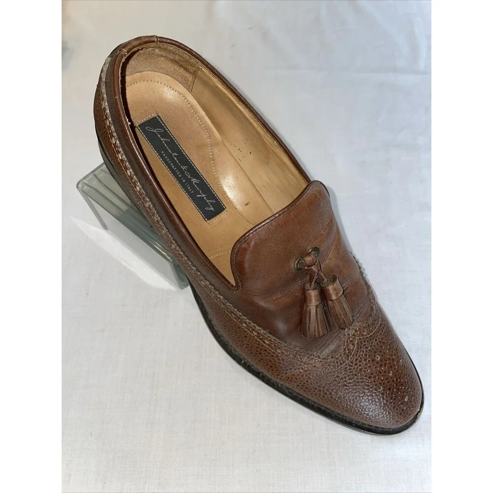 Johnston & Murphy Italy Dress Loafers Mens Sz 10 M Brown Leather Tassels Pebble